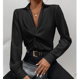 Twist Front Black Office Shirt Long Sleeve Collar Neckline V-Neck